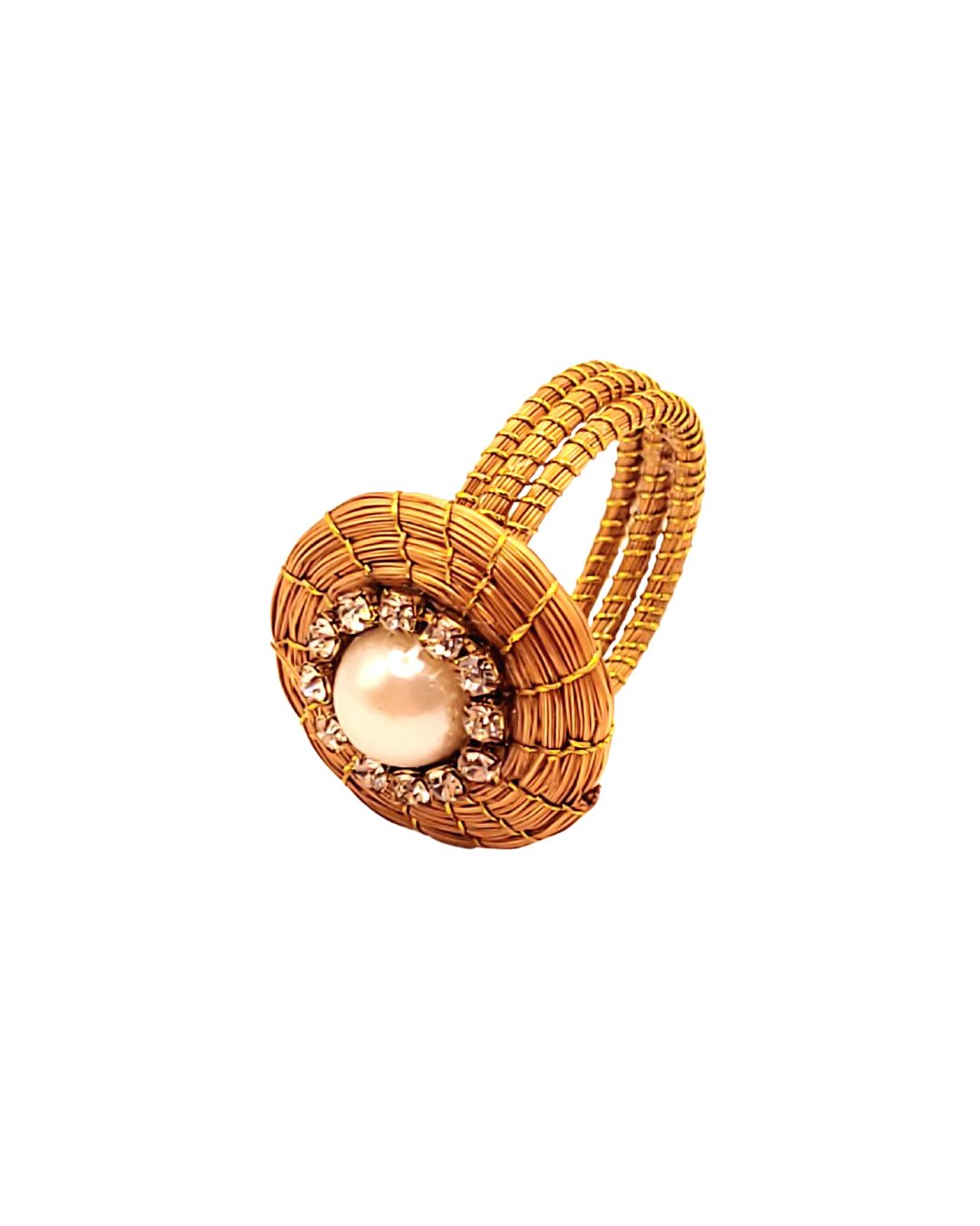 Golden Grass Ring with Pearl and Rhinestones