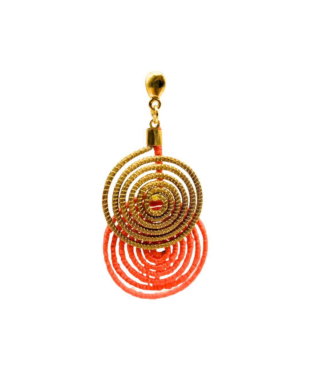 Golden Grass Earring with Golden Spiral and Coral Thread