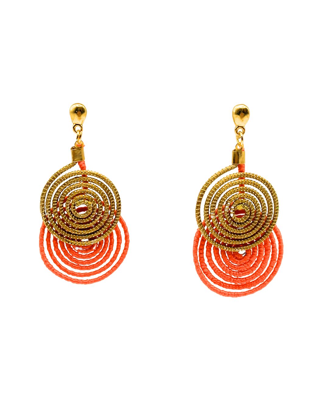 Golden Grass Earring with Golden Spiral and Coral Thread