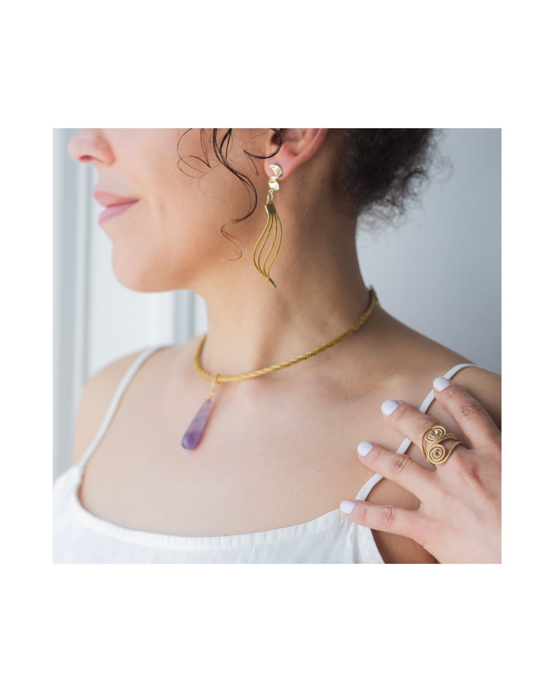Golden Grass Necklace with Amethyst Pendant