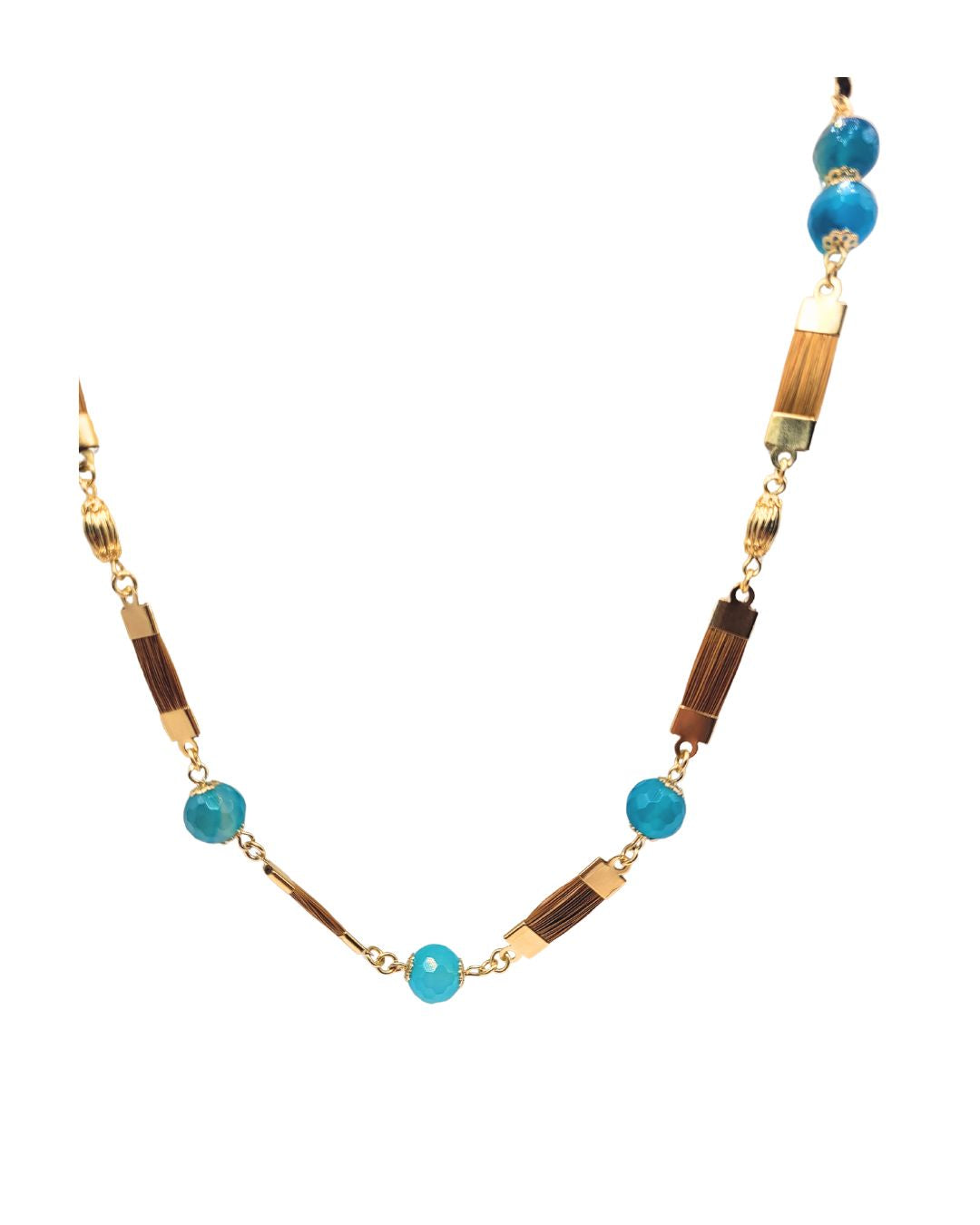 Golden Grass Necklace with Turquoise Stones and Golden Details