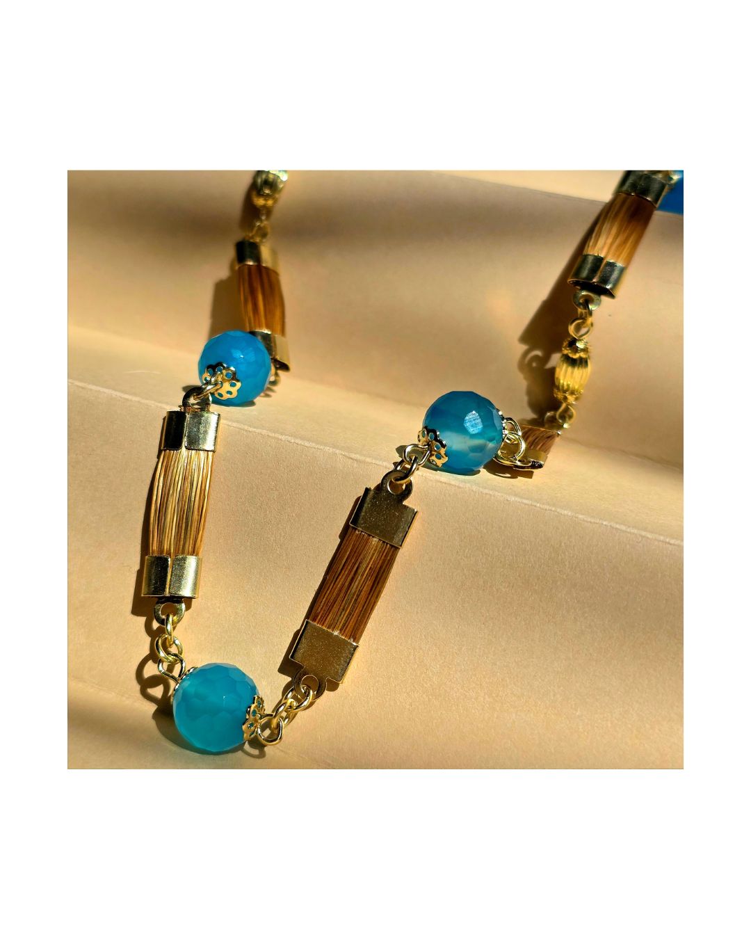 Golden Grass Necklace with Turquoise Stones and Golden Details