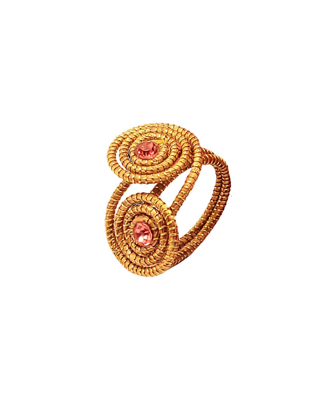 Golden Grass Spiral Ring with Pink Crystals