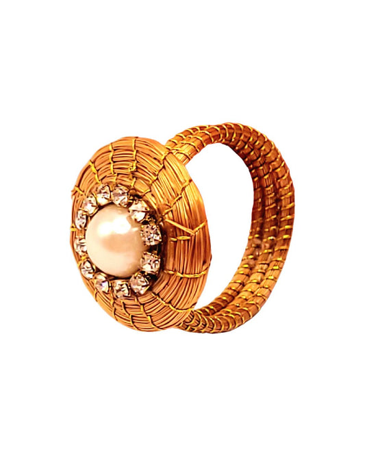 Golden Grass Ring with Pearl and Rhinestones