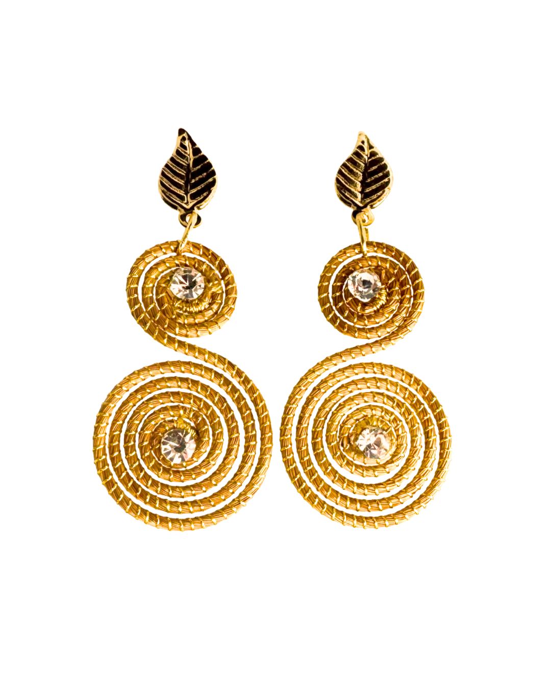 Golden Grass Earring with Spiral Design and Sparkling Stones