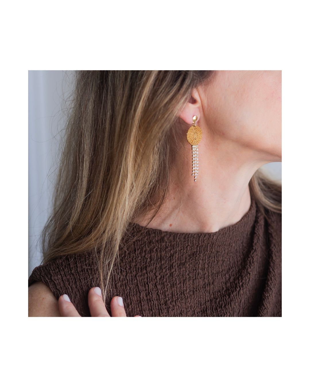 Golden Grass Earring with Crystal Details