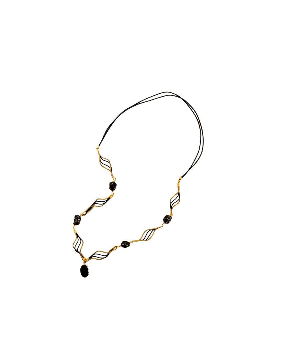 Golden Grass Necklace with Black Stones and Golden Details