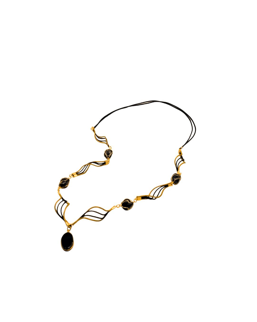 Golden Grass Necklace with Black Stones and Golden Details
