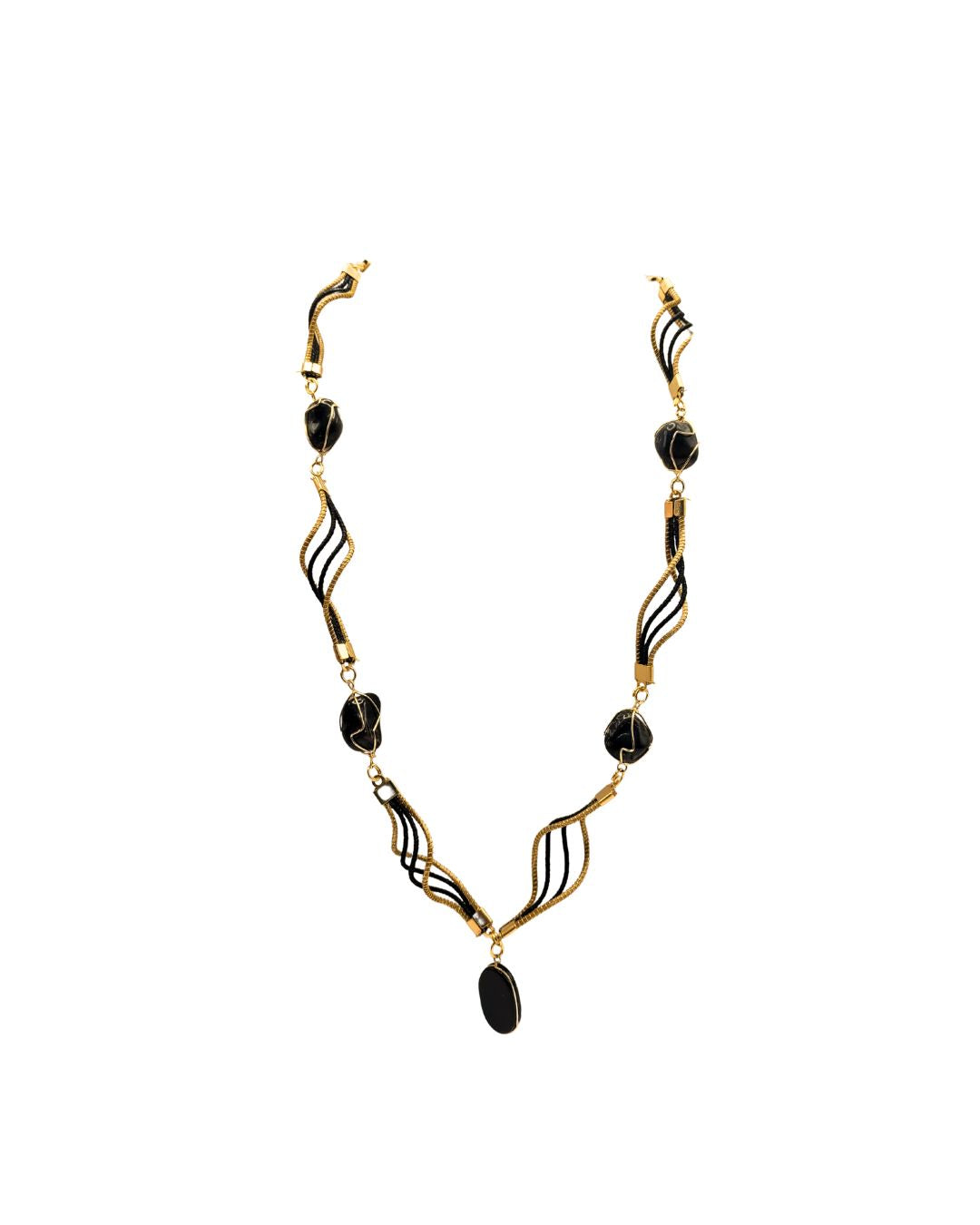 Golden Grass Necklace with Black Stones and Golden Details
