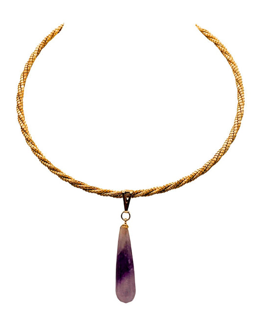 Golden Grass Necklace with Amethyst Pendant