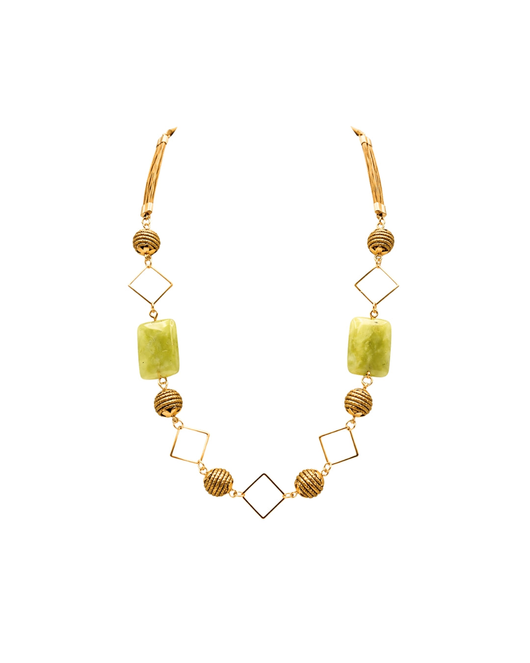 Geometric Golden Grass Necklace with Green Stone