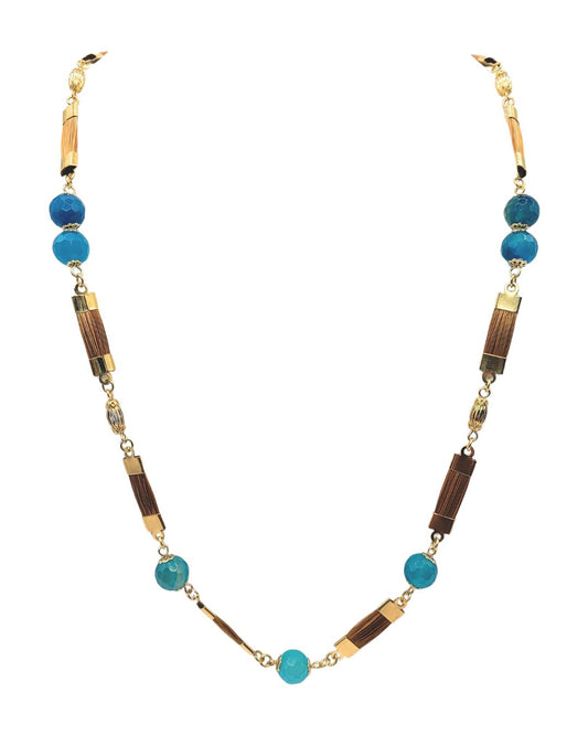 Golden Grass Necklace with Turquoise Stones and Golden Details