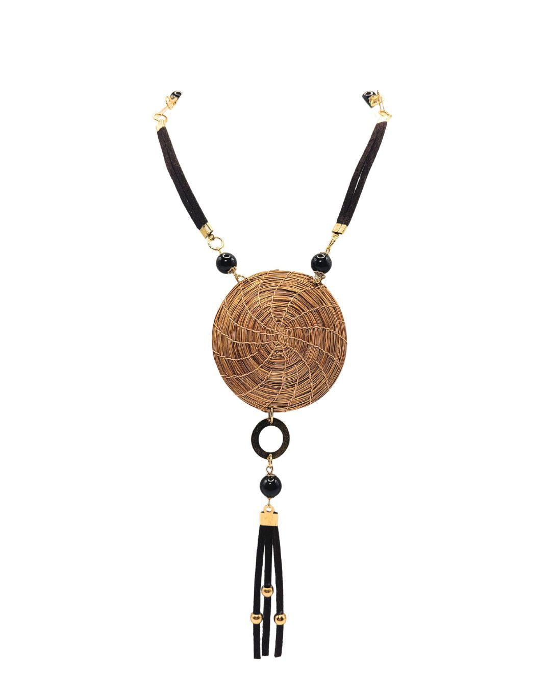 Golden Grass Necklace with Spiral Pendant and Tassels