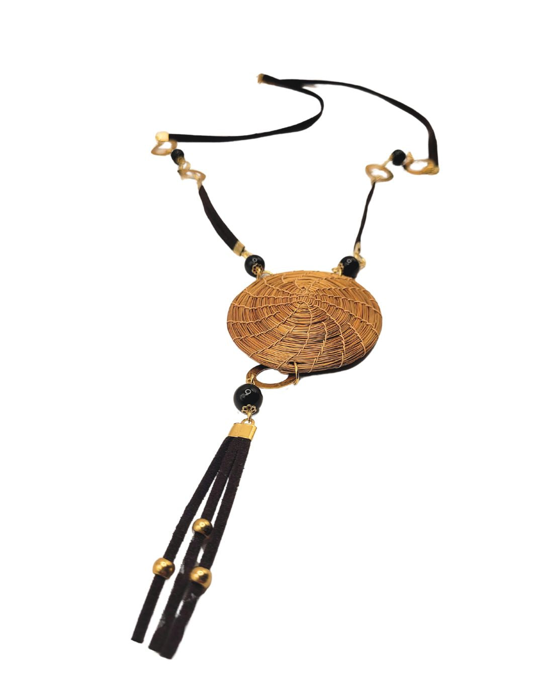 Golden Grass Necklace with Spiral Pendant and Tassels