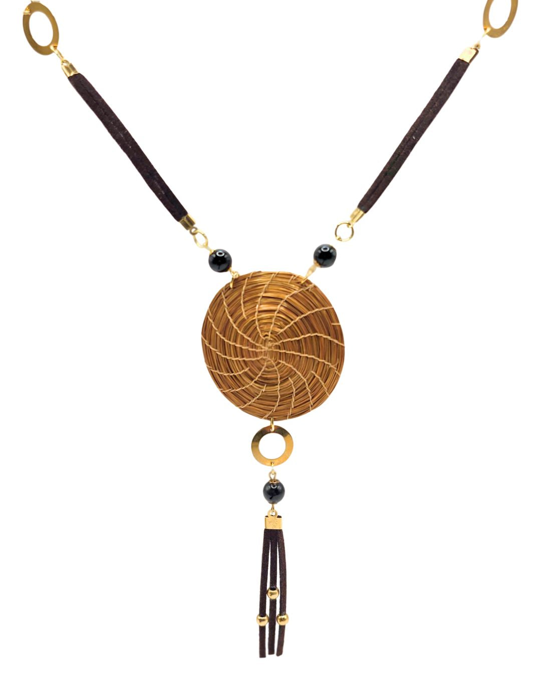Golden Grass Necklace with Spiral Pendant and Tassels